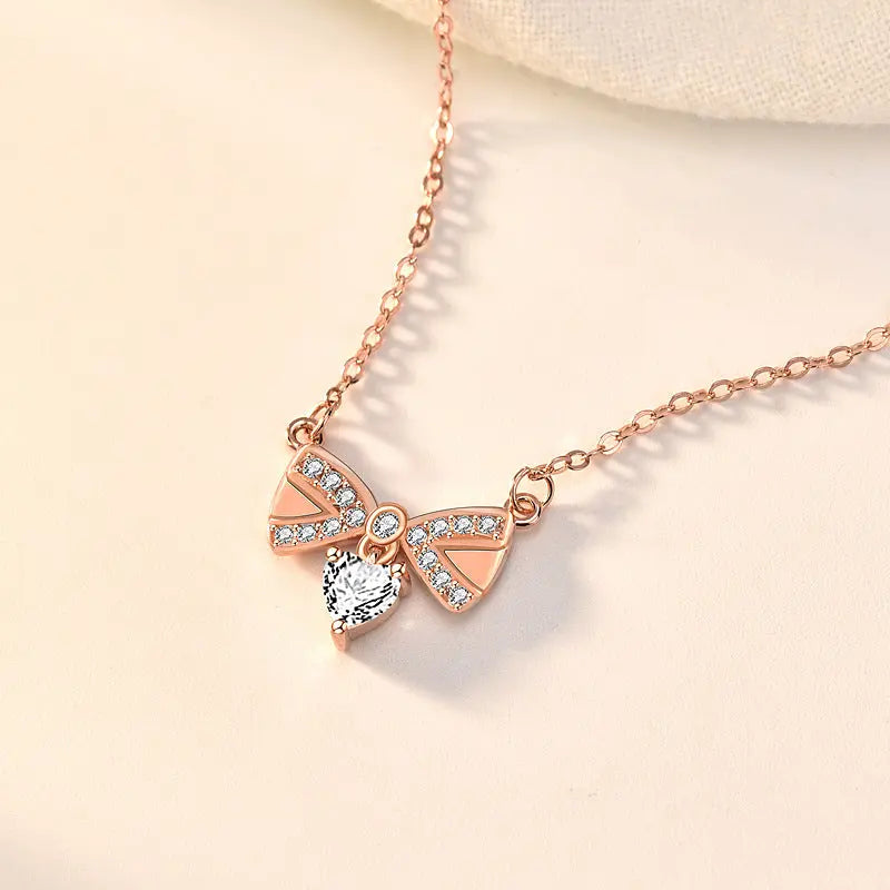 Sweet CZ Bowknot Hot 925 Sterling Silver Necklace 