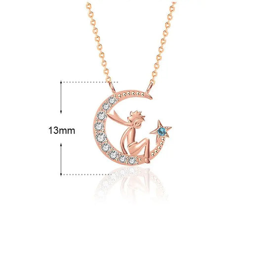 The Little Prince and His Crescent Moon Star 925 Sterling Silver Necklace 