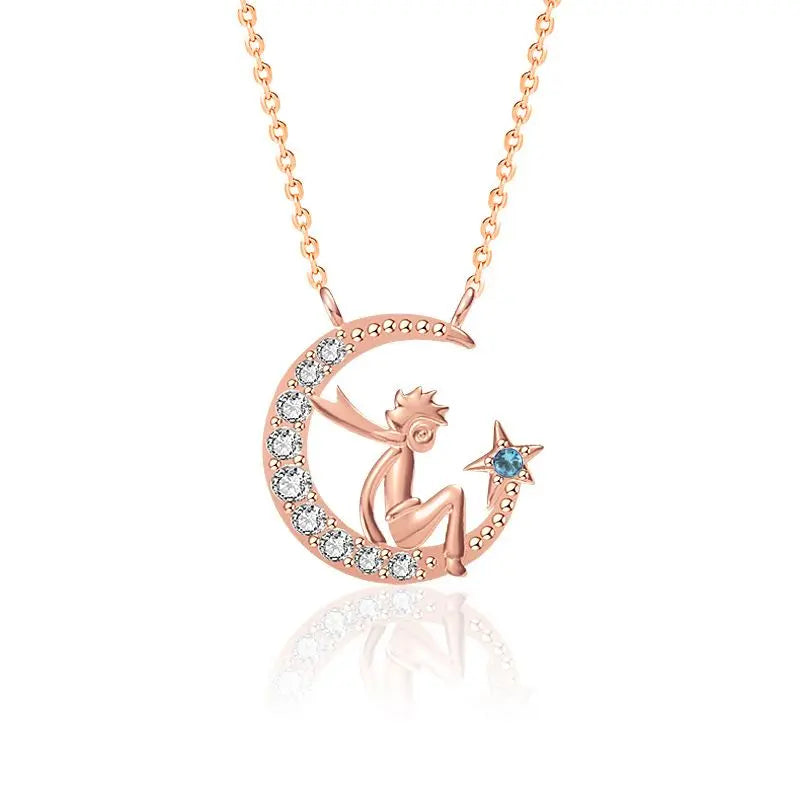 The Little Prince and His Crescent Moon Star 925 Sterling Silver Necklace 