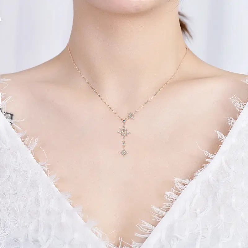 Women CZ Octagonal Star Tassels 925 Sterling Silver Necklace 