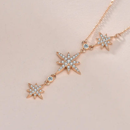 Women CZ Octagonal Star Tassels 925 Sterling Silver Necklace 