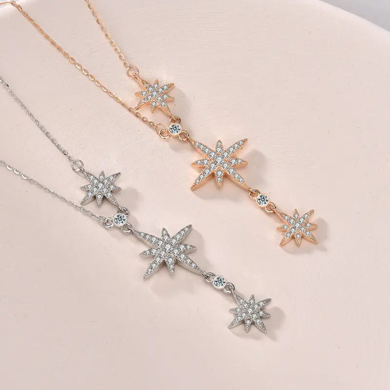 Women CZ Octagonal Star Tassels 925 Sterling Silver Necklace 