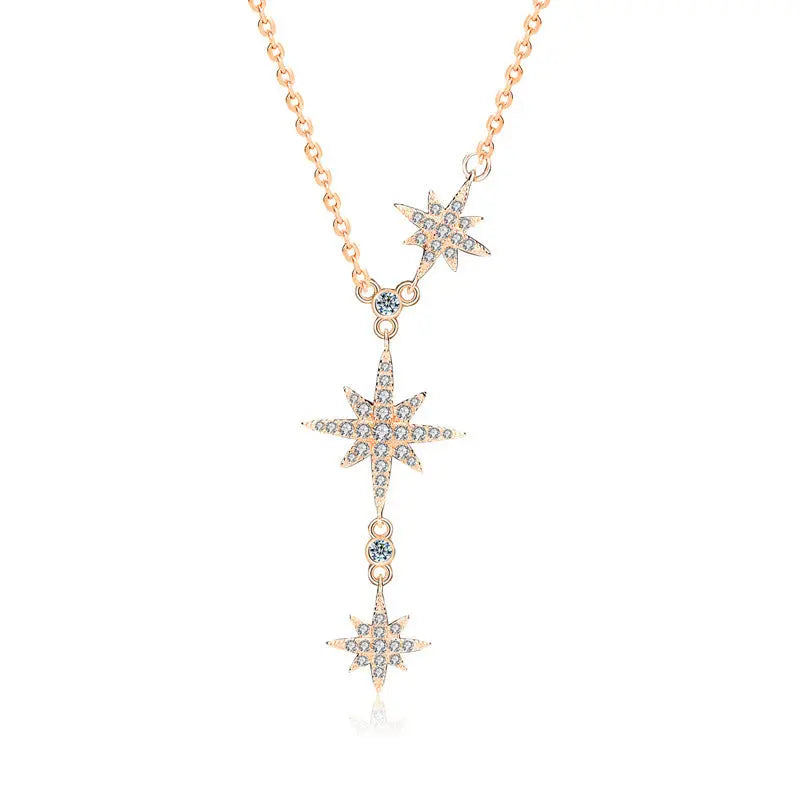 Women CZ Octagonal Star Tassels 925 Sterling Silver Necklace 