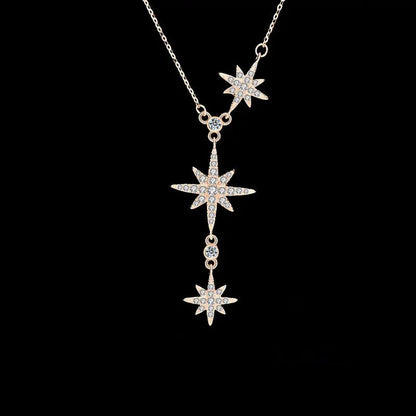 Women CZ Octagonal Star Tassels 925 Sterling Silver Necklace 