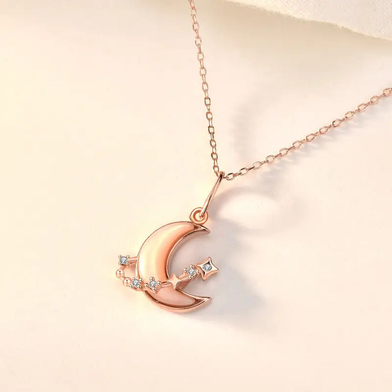 Women Shell Crescent Moon CZ 925 Sterling Silver Necklace 