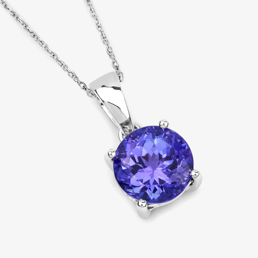 Solitaire Round Tanzanite Pendant in .925 Sterling Silver, Rhodium Plated 