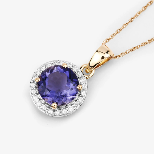 Iolite and 23 White Diamonds Halo Pendant in 14K Yellow Gold, Anniversary Gift For Her 