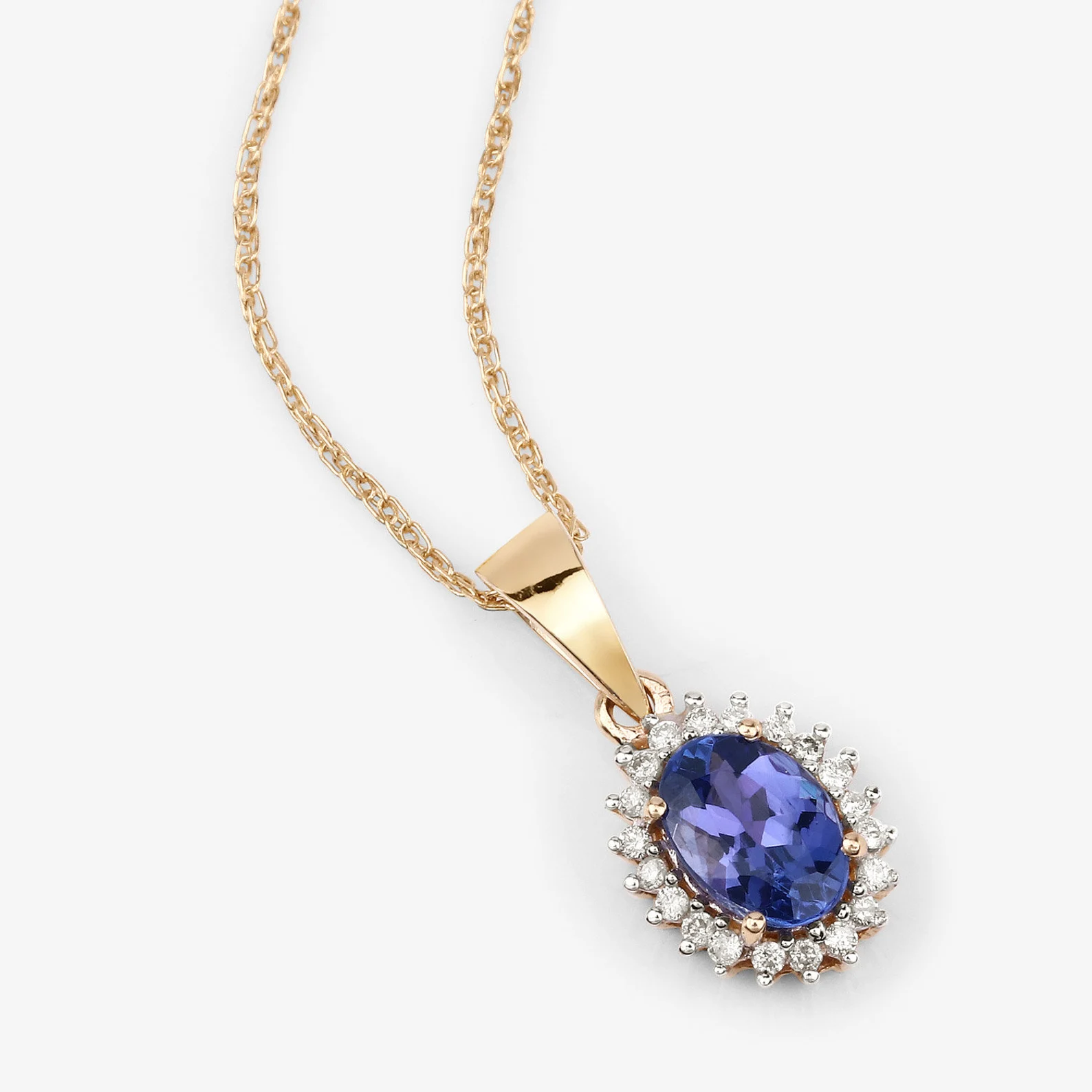 Tanzanite and 20 White Diamonds Halo Pendant in 14K Yellow Gold, December Birthday Gift For Her 