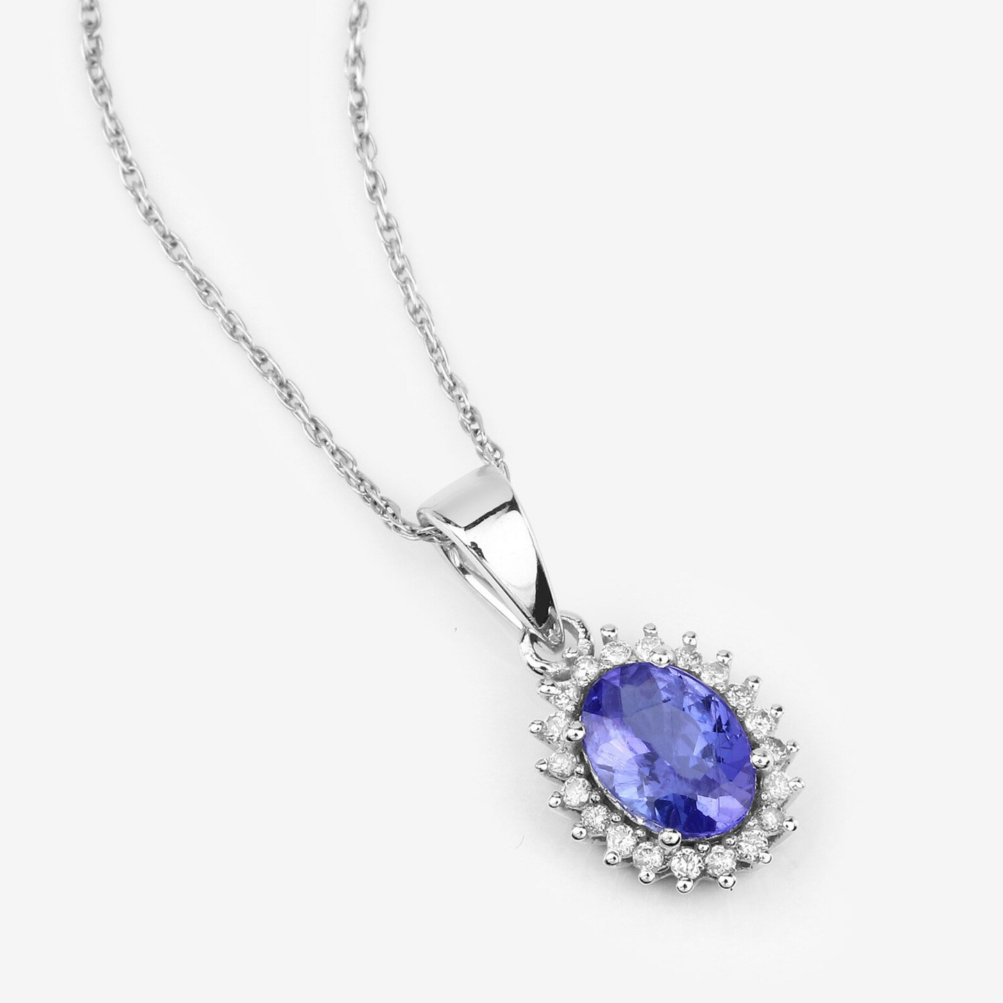 Tanzanite and 20 White Diamonds Halo Pendant in 14K White Gold, December Birthday Gift For Daughter 