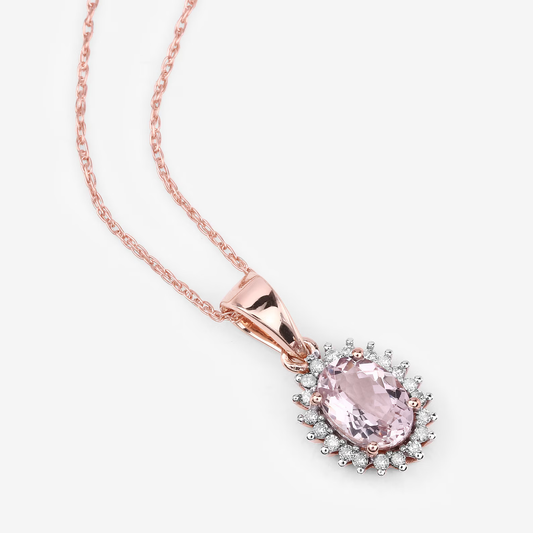 Morganite and 20 White Diamonds Halo Pendant in 14K Rose Gold, Gift For Her 