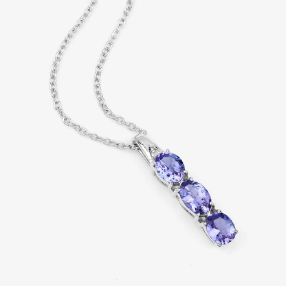 3 Tanzanites and White Diamond 3 Stone Pendant in .925 Sterling Silver 