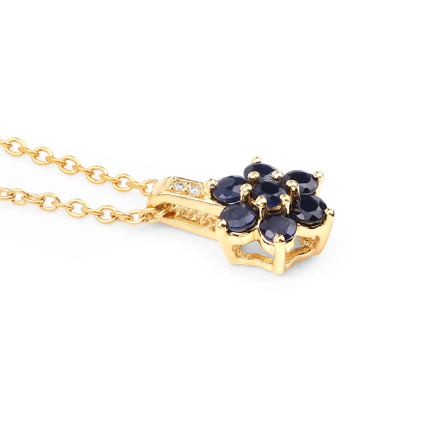 7 Blue Sapphires and 2 White Diamonds Halo Pendant in 10K Yellow Gold, September Birthday Gift for Daughter 