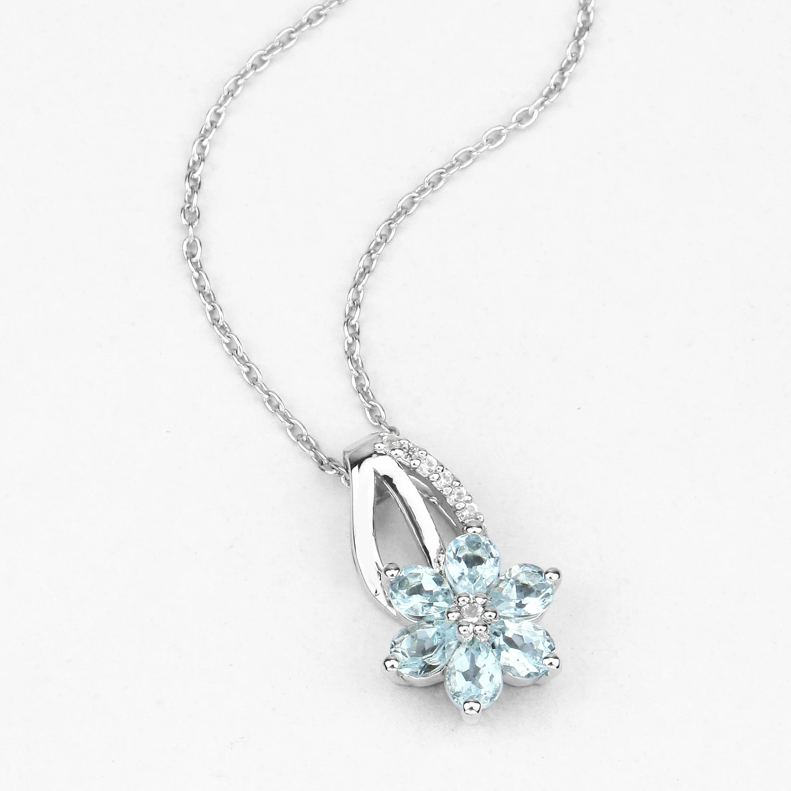 Aquamarine and White Topaz Slide Floral Pendant in .925 Sterling Silver 