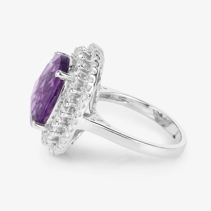 Oval Amethyst and White Topaz Halo Statement Ring in .925 Sterling Silver 