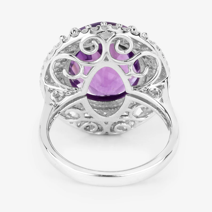 Oval Amethyst and White Topaz Halo Statement Ring in .925 Sterling Silver 