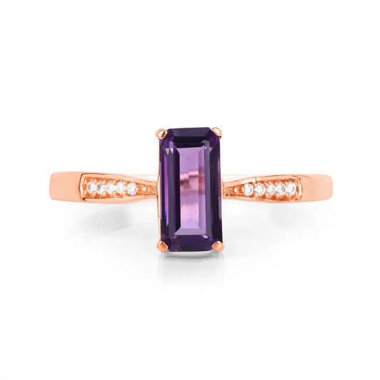 Octagon Amethyst and 10 White Diamonds Ring in 14K Rose Gold, February Birthday Gift for Her 