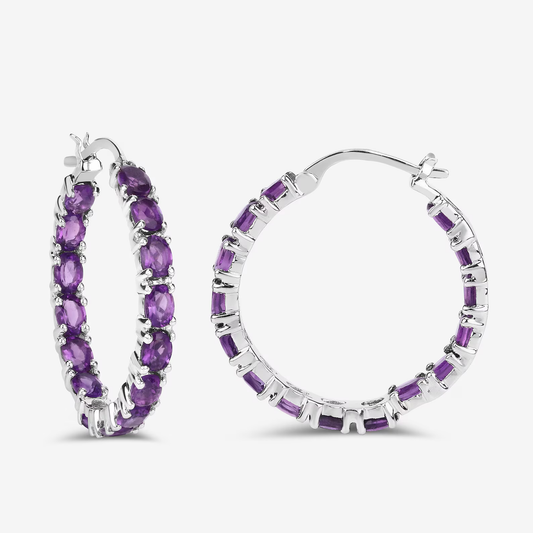 30 Amethysts Hoop Earrings in .925 Sterling Silver 