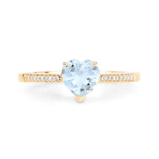 Engagement Ring in 14K Yellow Gold with Heart Shape Aquamarine and 18 Round White Diamonds 