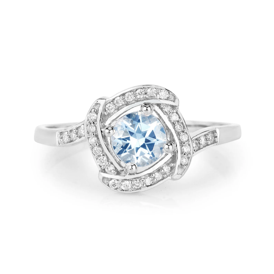 Halo Round Aquamarine and 30 White Diamonds Engagement Ring in 14K White Gold 