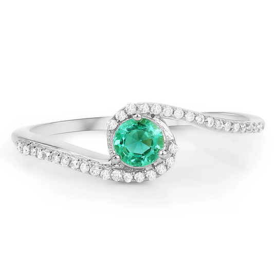 Bypass Zambian Emerald and 35 White Diamonds Ring in 14K White Gold 