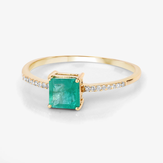 Octagon Zambian Emerald and 16 White Diamonds Solitaire Engagement Ring in 14K Yellow Gold 