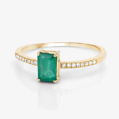 Octagon Zambian Emerald and 16 White Diamonds Statement Ring in 14K Yellow Gold 