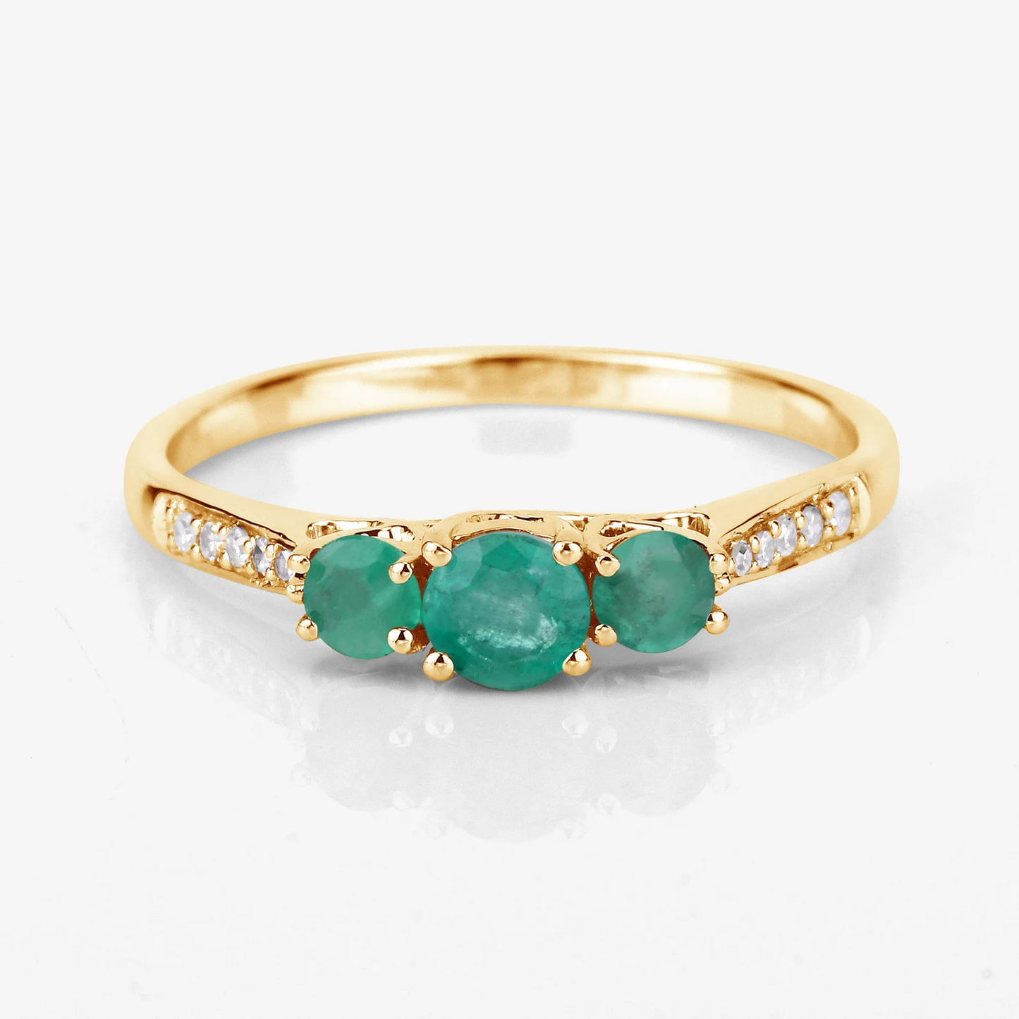 Zambian Emerald and 10 White Diamonds 3 Stone Ring in 14K Yellow Gold 