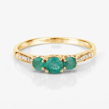 Zambian Emerald and 10 White Diamonds 3 Stone Ring in 14K Yellow Gold 