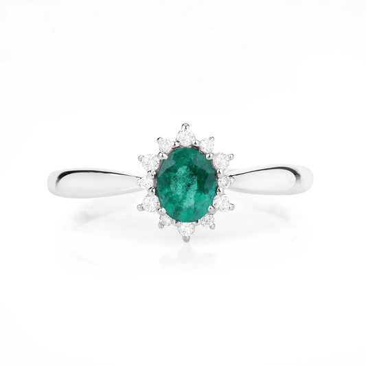 Zambian Emerald and 12 White Diamonds Halo Engagement Ring in 14K White Gold 