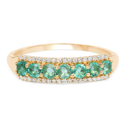 Zambian Emerald and 42 White Diamonds Half Eternity Ring in 14K Yellow Gold, Anniversary Gift for Wife 