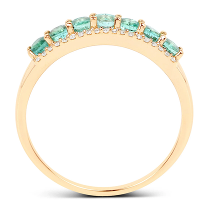 Zambian Emerald and 42 White Diamonds Half Eternity Ring in 14K Yellow Gold, Anniversary Gift for Wife 