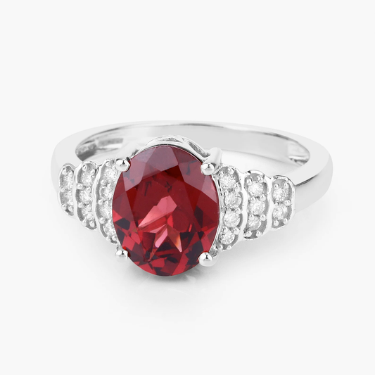 Oval Rhodolite Garnet and 18 White Diamonds Ring in 14K White Gold 