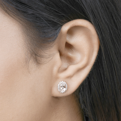 Morganite and 40 White Diamonds Halo Stud Earrings in 14K Rose Gold 