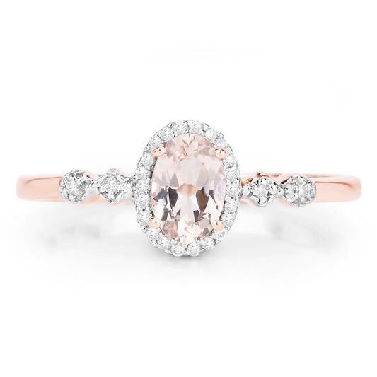 Oval Morganite and 26 White Diamonds Halo Engagement Ring in 10K Rose Gold 