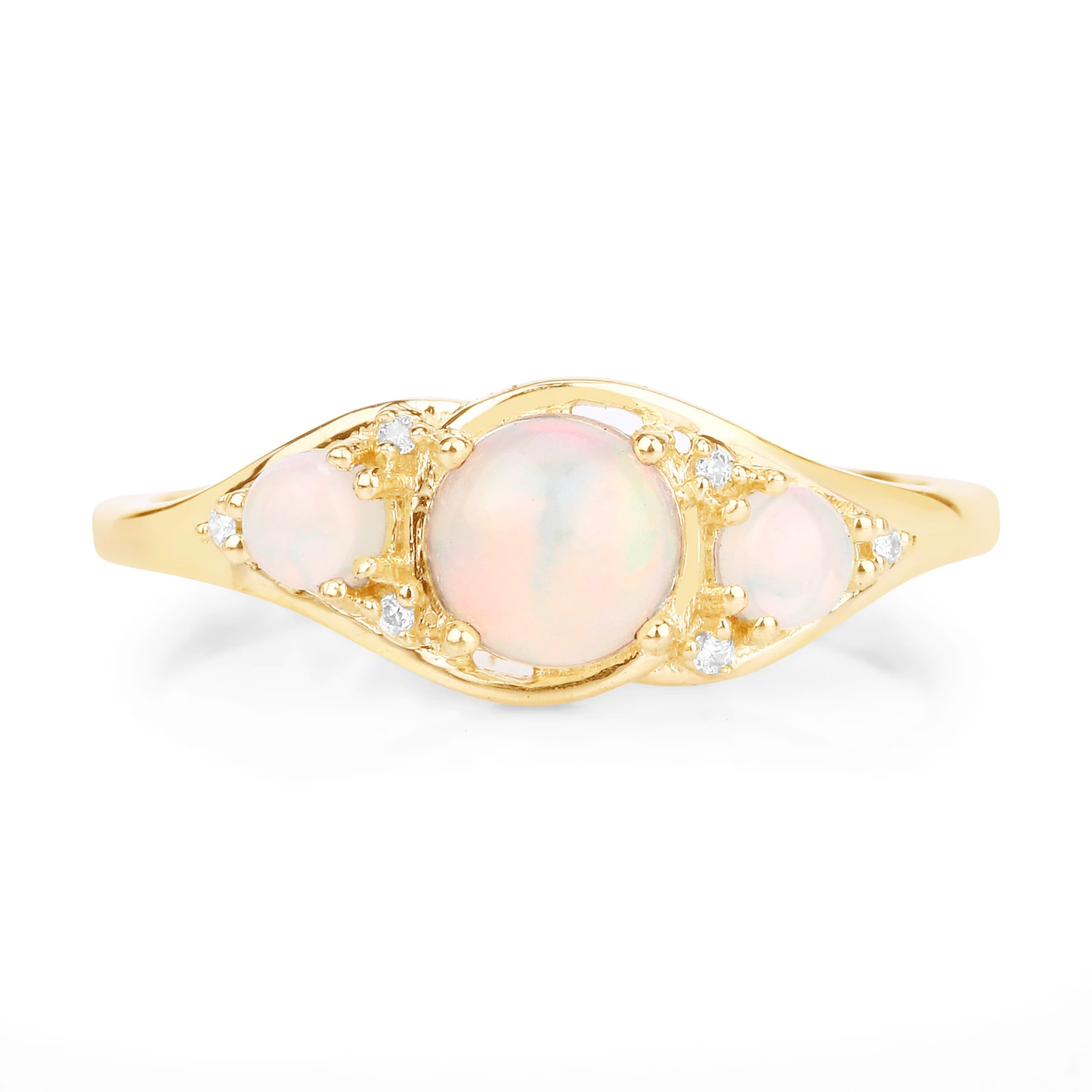 3 Stone Ethiopian Opal and White Diamonds Engagement Ring in 14K Yellow Gold 