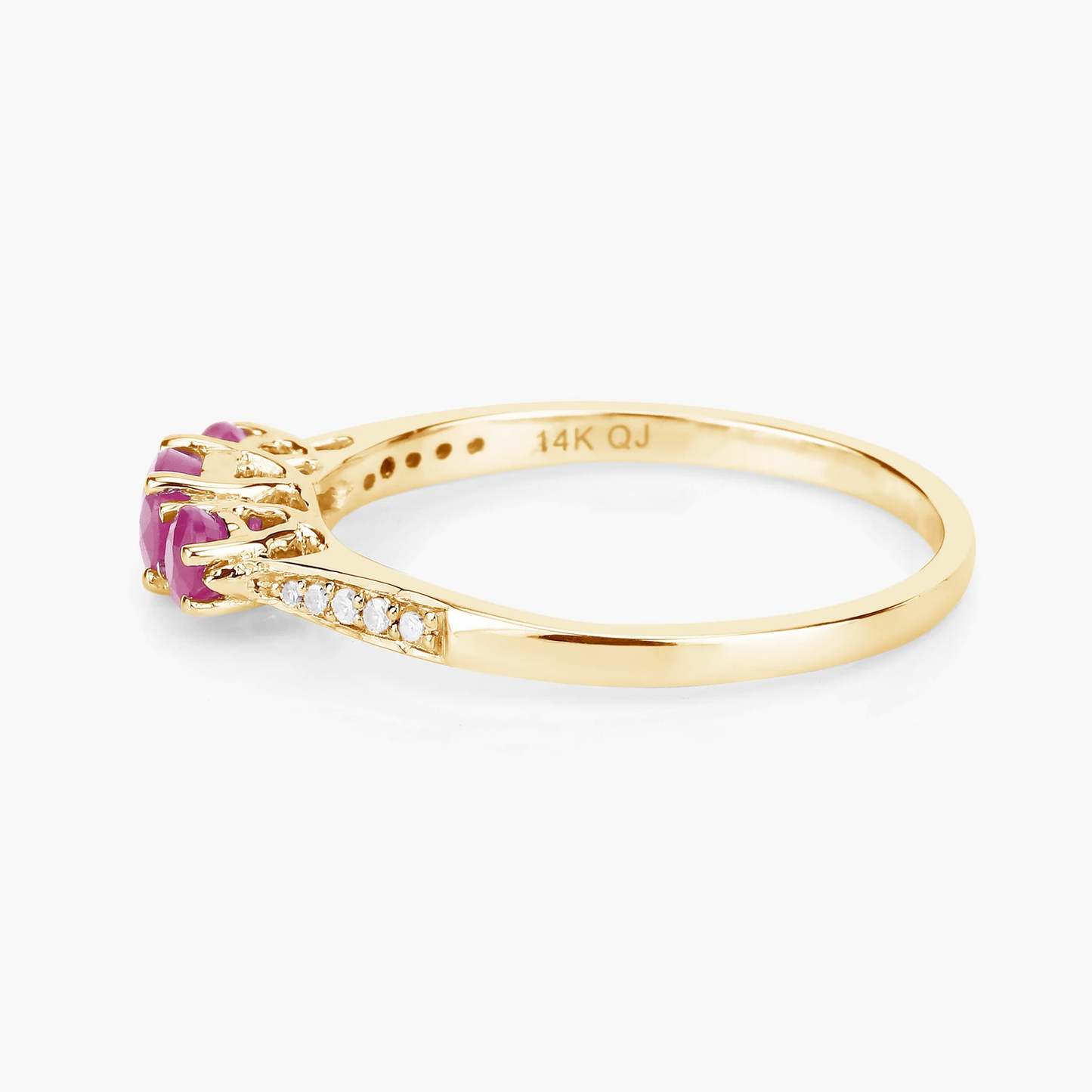 3 Stone Round Ruby and 10 White Diamonds Ring in 14K Yellow Gold 
