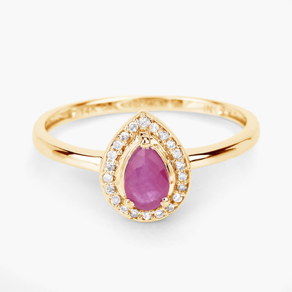 Halo Pear Shaped Ruby and 22 White Diamonds Engagement Ring in 14K Yellow Gold 