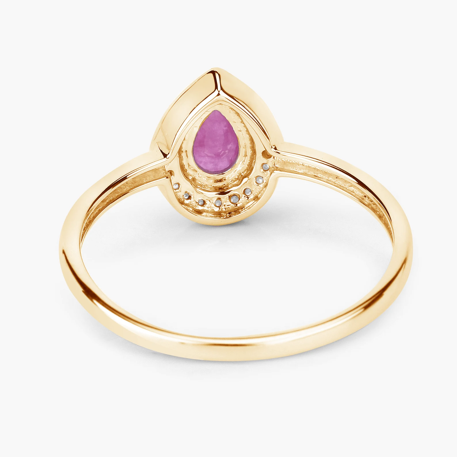 Halo Pear Shaped Ruby and 22 White Diamonds Engagement Ring in 14K Yellow Gold 