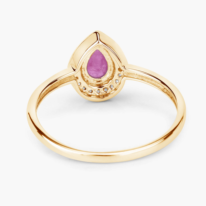 Halo Pear Shaped Ruby and 22 White Diamonds Engagement Ring in 14K Yellow Gold 