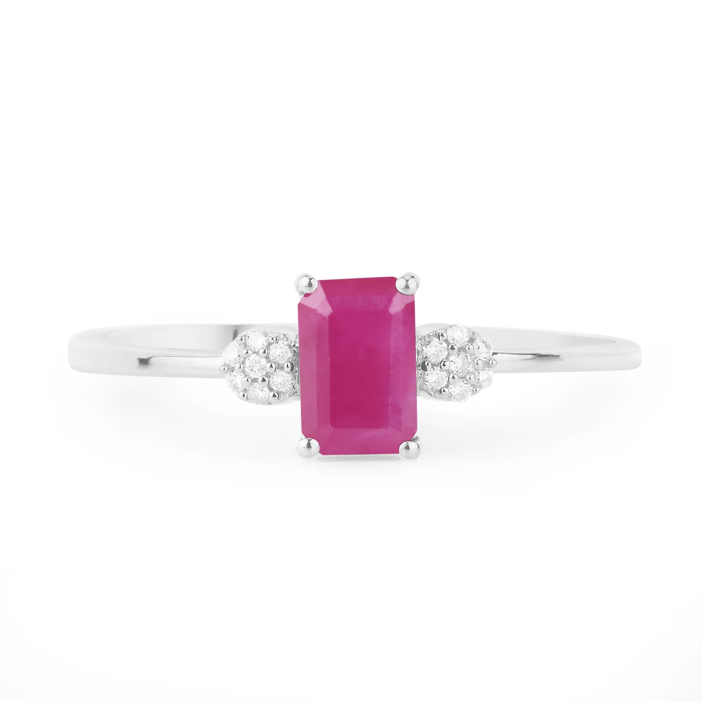 Octagon Ruby and 14 White Diamonds Cocktail Ring in 14K White Gold 