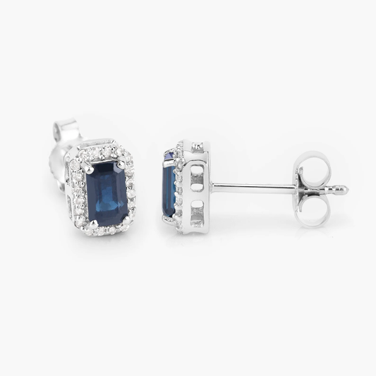 0.91 Carat Genuine Blue Sapphire and White Diamond 14K White Gold Earrings 