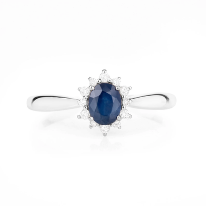 Blue Sapphire and 12 White Diamonds Halo Engagement Ring in 14K White Gold 