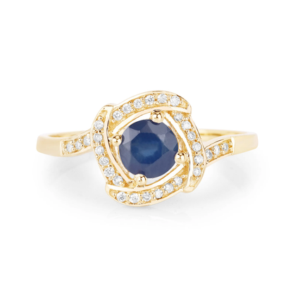 Engagement Ring in 14K Yellow Gold with Blue Sapphire and 30 White Diamonds 