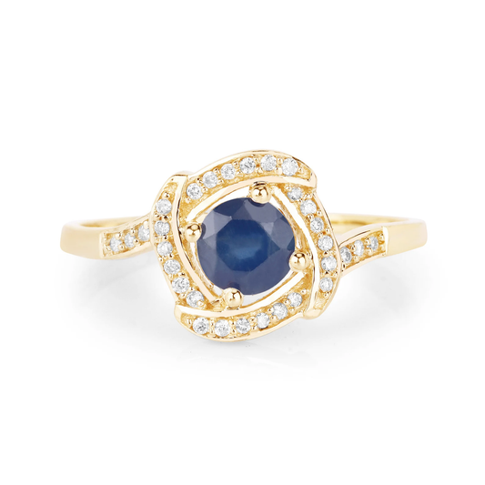 Engagement Ring in 14K Yellow Gold with Blue Sapphire and 30 White Diamonds 