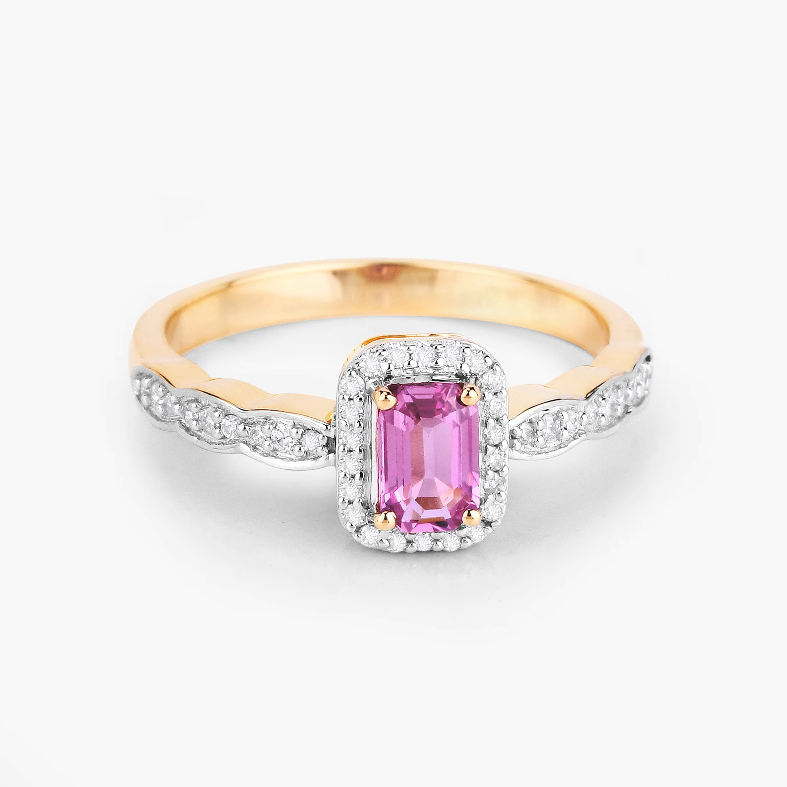 Engagement Ring in 14K Yellow Gold with Pink Sapphire and White Diamond 