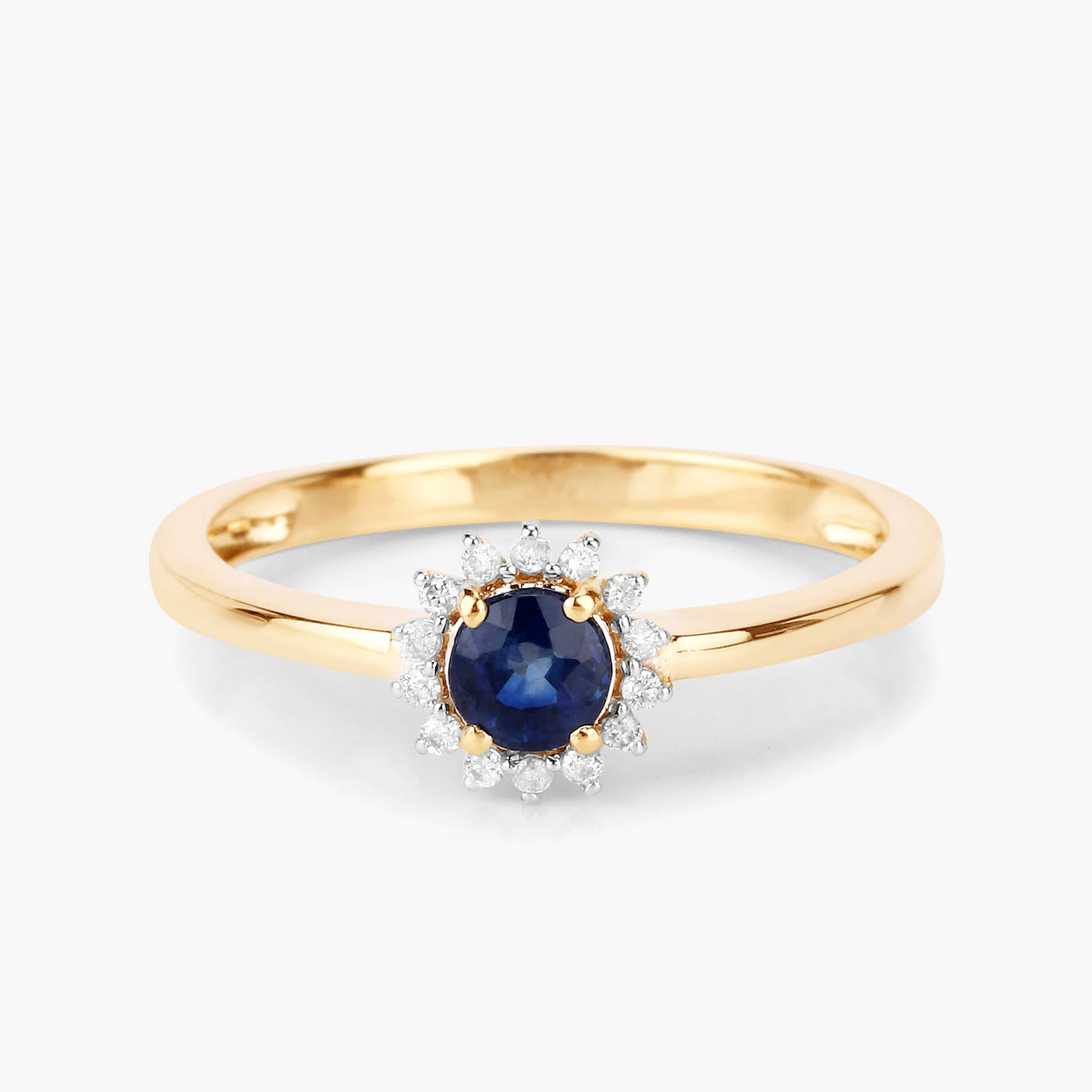 Halo Round Blue Sapphire and 12 White Diamonds Engagement Ring in 14K Yellow Gold 