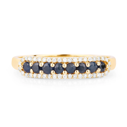 Wedding Band Ring 14K Yellow Gold with Blue Sapphire and Diamonds 