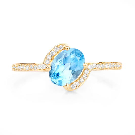 Bypass Oval Swiss Blue Topaz and 30 White Diamonds Engagement Ring in 14K Yellow Gold 