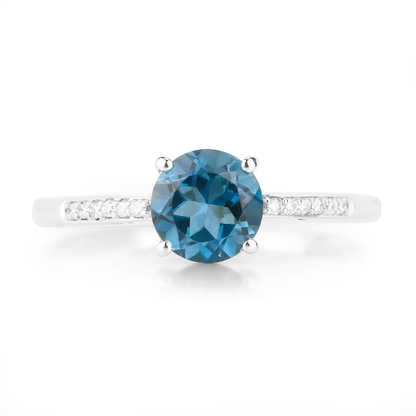 London Blue Topaz and 12 White Diamonds Engagement Ring in 14K White Gold 