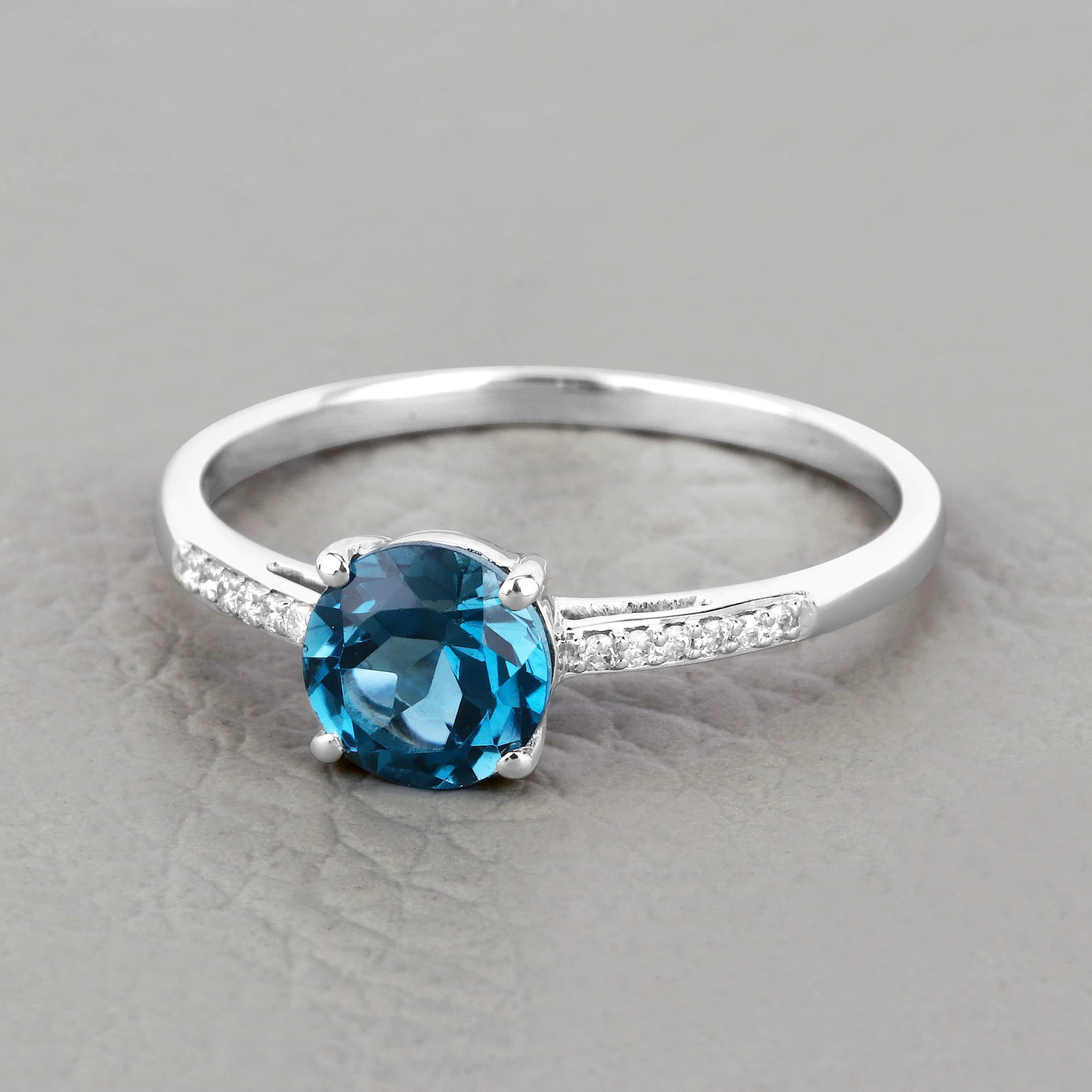 London Blue Topaz and 12 White Diamonds Engagement Ring in 14K White Gold 